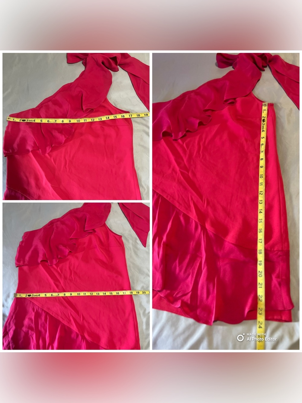 Parker Eden Silk Tiered One-Shoulder Ruffle Mini Dress Hot Pink Fuchsia Size S - Picture 7 of 9